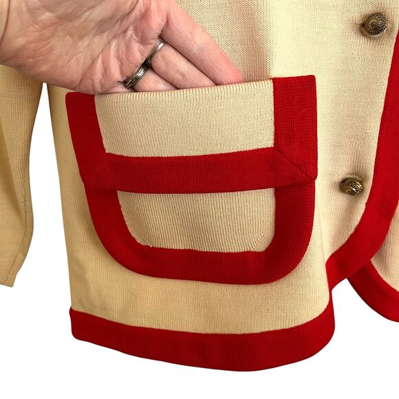 RARE Vintage Don Loper Cream Knit Red Trim Mod Cardigan 3/4-Sleeve Dinner Jacket - Picture 6 of 10